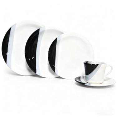 Imagem de Prato de Sobremesa Branco，Jogo de jantar Louças pratos e xícaras 20 peças completo de cerâmica Lindas cores (Preto,10)
