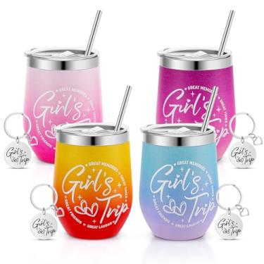 Imagem de Ovveroche Conjunto de 4 copos de viagem para meninas com tampas, copo de vinho de viagem de aço inoxidável de 350 ml, para meninas, mulheres, amizade, viagem, fim de semana, férias, despedida de