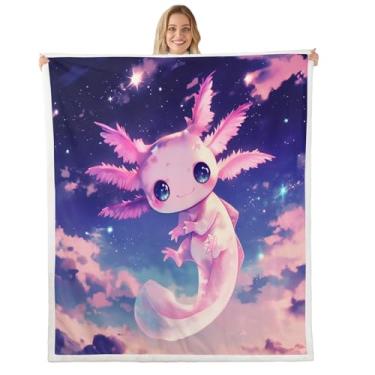 Imagem de Erosebridal Cobertor de cama de lã kawaii rosa 127 cm x 152 cm para meninas crianças bonito desenho animado salamandra sherpa cobertor céu estrelado animal cobertor vida selvagem réptil nuvem estrelas
