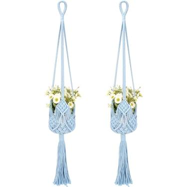 Imagem de BUNCHBRAVO Pacote com 2 cabides para plantas de macramê, plantadores pendurados em corda de algodão de 83 cm com design de diamante, decoração de casa boho para uso interno e externo, azul