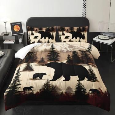 Imagem de XYNHML Jogo de cama com estampa de ursos rústicos ocidentais, caça animal, 3 peças, solteiro, vida selvagem, urso preto, floresta, para crianças, adolescentes, meninas, adultos, neve, montanha