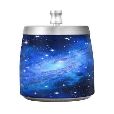 Imagem de Qilmy Cinzeiro de aço inoxidável Blue Galaxy com tampa - Cinzeiro de cigarro à prova de vento sem cheiro sem fumaça para casa, escritório, carro, pátio, varanda (uso interno e externo)