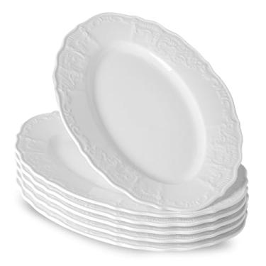 Imagem de Neaylfe Conjunto de 6 pratos de jantar de cerâmica, ovais em relevo brancos para salada, sobremesa, aperitivo, bife, pratos grandes e planos para cozinha, restaurante, festas