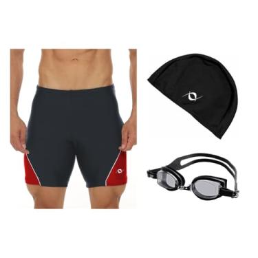Imagem de Kit Bermuda Natação Touca Silicone E Óculos UV+ Anti Embaçante (Cinza/Vermelho Óculos - Preto, GG)