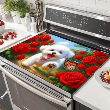Imagem de HOMETITUTE Capas de fogão rosa para filhotes de cachorro para fogão elétrico 71 x 50 cm protetor de almofada de vidro resistente ao calor capa decorativa de cozinha tapete de cozinha para bancadas de
