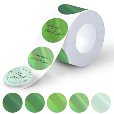 Imagem de YEGAWEN Etiquetas térmicas holográficas de 5 cm - 400 peças de etiquetas redondas para impressora térmica direta para design de logotipo DIY, à prova d'água e glitter arco-íris (gradiente verde)