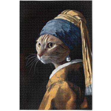 Imagem de Quebra-cabeça engraçado gato com brinco de pérola 500 peças adultos família amantes presentes cena personalizada natureza quebra-cabeça arte brinquedo pintura, 52 cm x 37,8 cm