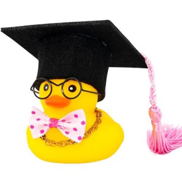 Imagem de wonuu Ornamento de carro de pato de formatura com colar de chapéu e gravata borboleta, decoração de carro de borracha rosa