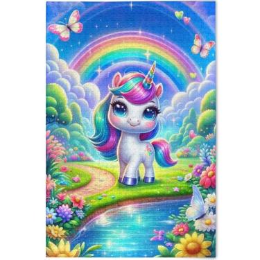 Imagem de Quebra-cabeça de unicórnio arco-íris personalizado 1000 peças adultos amantes presentes família quebra-cabeças rígidos para adultos cenário arte animal, 75 cm x 50 cm