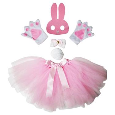 Imagem de Petitebella Máscara de coelho rosa branca com laço e luva saia de cauda para mulher 5 peças, rosa, tamanho �nico