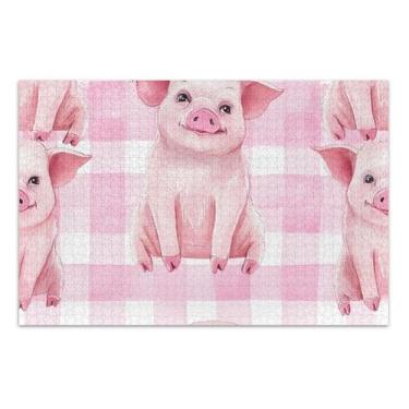 Imagem de Quebra-cabeça para adultos, 500 peças, presentes de festa de elefante branco, quebra-cabeça rígido para adultos, arte, brinquedo, pintura, porcos fofos, rosa, branco, xadrez, 51 x 35 cm