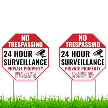 Imagem de Placa de vigilância por vídeo de 2 peças com estaca, 33 x 33 cm - plástico ondulado - placas de aviso de segurança doméstica para quintal externo - Não invadir propriedade privada