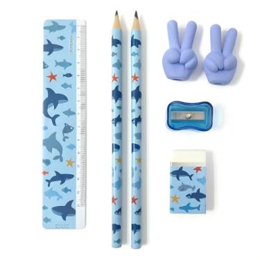 Imagem de Kit Escolar 7 Peças (Lápis Régua Borrachas Apontador) - Completo E Funcional Design Atrativo Para Crianças E Adolescentes Ideal Para Voltas Às Aulas Uso Diário Em Casa Ou Na Escola (Azul)