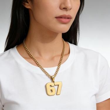 Imagem de Colar com pingente de ouro número 67 corrente de aço inoxidável de ouro hip hop declaração de elos cubanos para uso diário festas estilo rua, One Size, Metal, Sem Pedra Preciosa