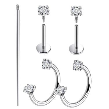 Imagem de Lcolyoli Piercing de nariz de aço cirúrgico 18G, anel de nariz de ferradura com rosca interna CZ para cartilagem de tragus helix, piercing de concha, joia feminina, Metal, Zircônia cúbica