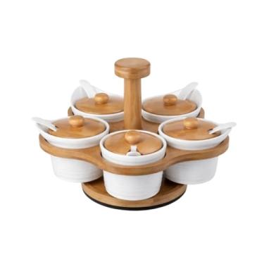 Imagem de Porta Condimentos 5 Potes 100ml Giratório Cerâmica Tampa Bambu