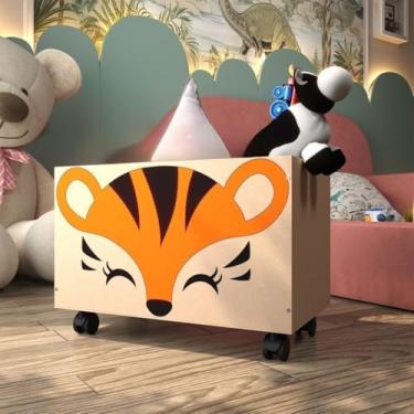 Imagem de Baú De Madeira Com Rodinhas Caixa Multiuso Para Brinquedos Caixote Organizador Decorativo(Tigre)