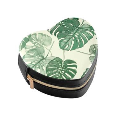 Imagem de Burbuja Caixa de joias Monstera Leaves em forma de coração, mini estojo de viagem para mulheres e meninas, estojo portátil organizador de armazenamento para brincos, anéis, colares e pulseiras