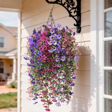 Imagem de INQCMY Decoração de flores artificiais para pendurar, 8 peças de plantas florais falsas para varanda ao ar livre, arbustos falsos, decoração de primavera, resistente a UV, violetas em vaso para jardim