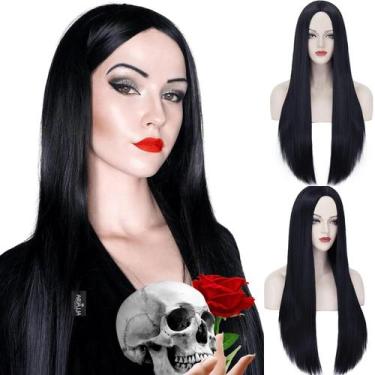 Imagem de Peruca Sintética Longa Preta Para Mulheres, Fantasia De Morticia Addam