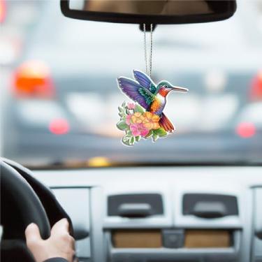 Imagem de Lindo enfeite para pendurar carro beija-flor, pingente de espelho retrovisor de carro plano 2D, acessórios de pingente de interior automotivo para janela, mochila, chaveiro, árvore de Natal, presente