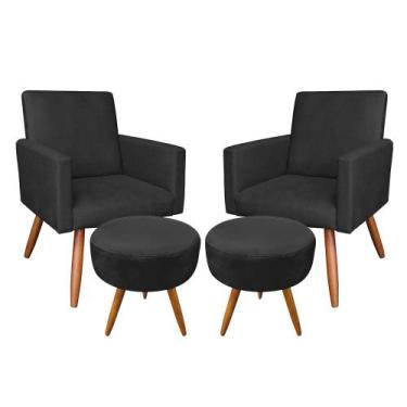 Imagem de Kit 02 Poltronas com 02 Puffs Larissa Suede Pés Palito Castanho D'Ross