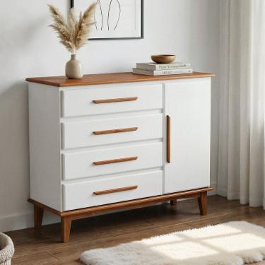 Imagem de Cômoda 4 Gavetas e 1 Porta em Madeira Maciça de Pinus com Corrediças Telescópicas Castanho Claro