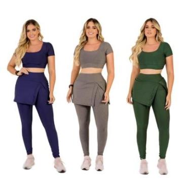 Imagem de Kit 3 Conjuntos Fitness Moda Evangélica Calça Legging Saia Com Bolso e Top Cropped The...