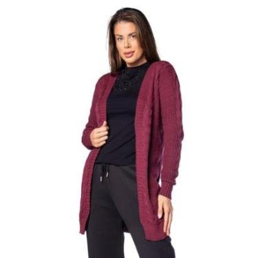 Imagem de Casaco Feminino Oliveira Malhas Cardigan Alongado Vinho-Feminino