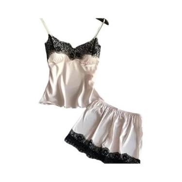 Imagem de Conjunto De Pijama Sexy Em Cetim Para Mulheres Com Decote Em V, Laço D