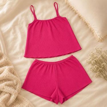 Imagem de Pijama Feminino Short Doll Cropped Suede Canelado Alça Macio - Beleza 