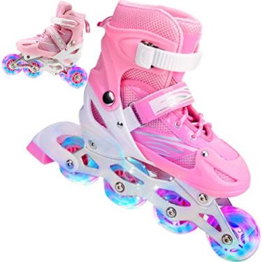 Imagem de Yusat Patins 2 em 1 4 tamanhos ajustáveis para crianças e adultos patins com rodas piscantes ao ar livre - Patins de proteção segura para iniciantes, sapatos rosa flash completo, P (adequado para sapatos de tamanho habitual 27-32)