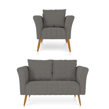 Imagem de Kit 01 Namoradeira 02 Lugares e 01 Poltrona Marilia Linho Pés Palito Castanho - D`Rossi