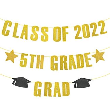 Imagem de Banner de graduação 5ª série da classe de 2022, banner de graduação com glitter dourado da 5ª série, decoração de festa de formatura da 5ª série 2022, banner da classe de 2022, decoração de formatura da quinta série para meninos e meninas