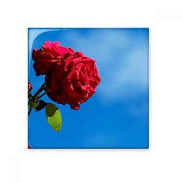 Imagem de Azulejo de cerâmica brilhante azul céu rosas vermelhas folhas verdes decalque de tijolo vitrificado pedra adornada
