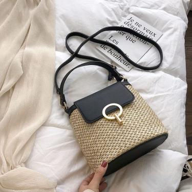 Imagem de Bolsa De Palha Cadeias Casuais Bolsas De Palha Bolsas Mensageiro De Verão Bolsas De Rattan Bolsas E Bolsas De Viagem Feminina De Praia Bolsa De Ombro,Preto,20x10x21cm,incomparable123