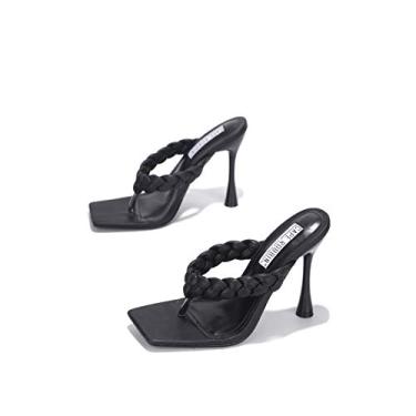 Imagem de Sandália feminina quadrada de dedo aberto sandália stiletto chinelos de salto alto Mule Shoes, Preto, 35