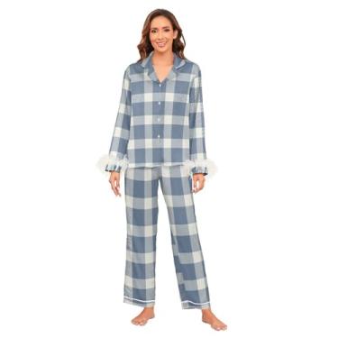 Imagem de GuoChe Conjunto de pijama de cetim macio e fofo conjuntos de pijama longo para mulheres para, dormir S Buffalo xadrez azul, Farmhouse Buffalo Xadrez Tartan Xadrez Azul Escócia, GG