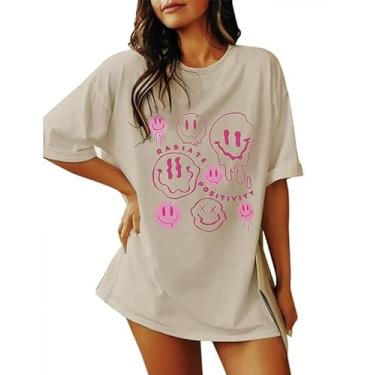 Imagem de Forlisea Camiseta feminina casual de manga curta com estampa alienígena solta, Smile Khaki, XG
