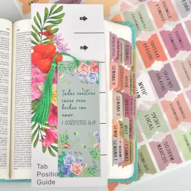 Imagem de Guias de índice da Bíblia Espanhola Novo e Antigo Testamento Design Floral Laminado Fosco, Materiais para Diário da Bíblia - 122 peças (Boho)