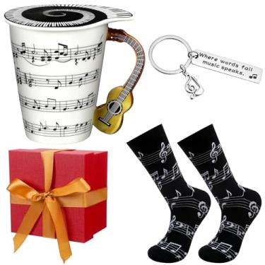 Imagem de Tioncy 4 peças de presentes de guitarra para amantes de música, inclui canecas de café com alça de guitarra, meias de notas musicais, chaveiro de música e caixa de presente para amantes de guitarra