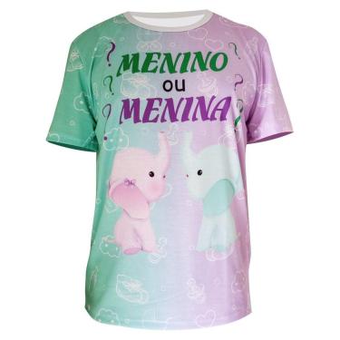 Imagem de Camiseta Adulta Chá Revelação Menino ou Menina Elefantinhos Verde e Lilás