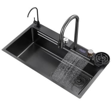 Imagem de SilteD Cozinha digital cachoeira saída de água pia de aço inoxidável bacia de lavar louça doméstica melhoria da casa RajoNN com lavadora de copos pias de sifão (cor: preto, tamanho: 68 * 45 * 21 cm)