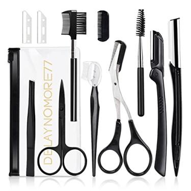 Imagem de Kit de navalha de sobrancelha, conjunto profissional 11 em 1, incluindo 3 aparadores de sobrancelha, 1 pinça, 2 tesouras, 2 lâminas de substituição, 1 rolo de cílios, 1 escova de sobrancelha, 1 bolsa de armazenamento