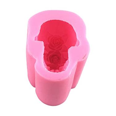 Imagem de TONKBEEY Molde de resina epóxi de caveira rosa 3D, ornamentos de decoração de casa, molde de silicone, assadeira