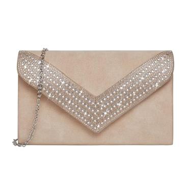 Imagem de Ubysoyi Bolsa clutch feminina com strass brilhante para festa de casamento, formatura, camurça sintética, bolsa de ombro, Nude.