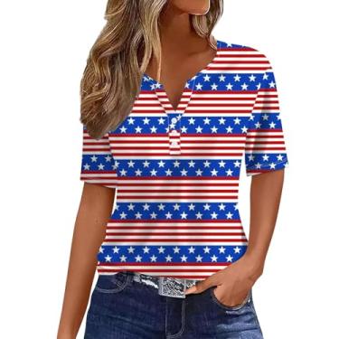 Imagem de Camisetas femininas 4th of July Tops Button V Flag American Flag Shirt Star Striped Patriotic Blusas soltas verão, Azul escuro, G