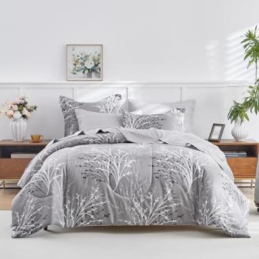 Imagem de UOZZI BEDDING Jogo de lençol Queen com flor branca de 7 peças (1 edredom e 2 fronhas, 1 lençol de cima, 1 lençol com elástico e 2 fronhas)