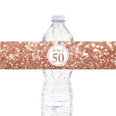 Imagem de Andaz Press Etiquetas adesivas de garrafa de água Glitzy Faux Rose Gold Glitzy, Cheers to 50 Years, 50º Aniversário ou Aniversário, Pacote com 20