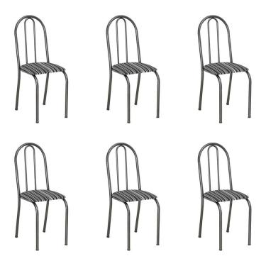 Imagem de Kit 6 Cadeiras De Cozinha Califórnia Estampado Preto Listrado Pés De Ferro Preto